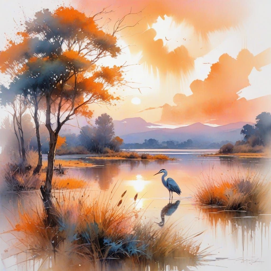 Watercolor Sunset Over Lake with Heron