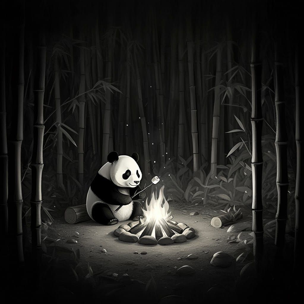Panda Bear Campfire in Film Noir Style