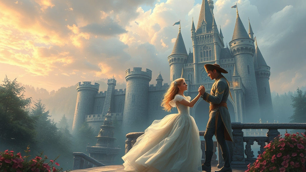Beauty Princess Waltzing with Prince in Castle