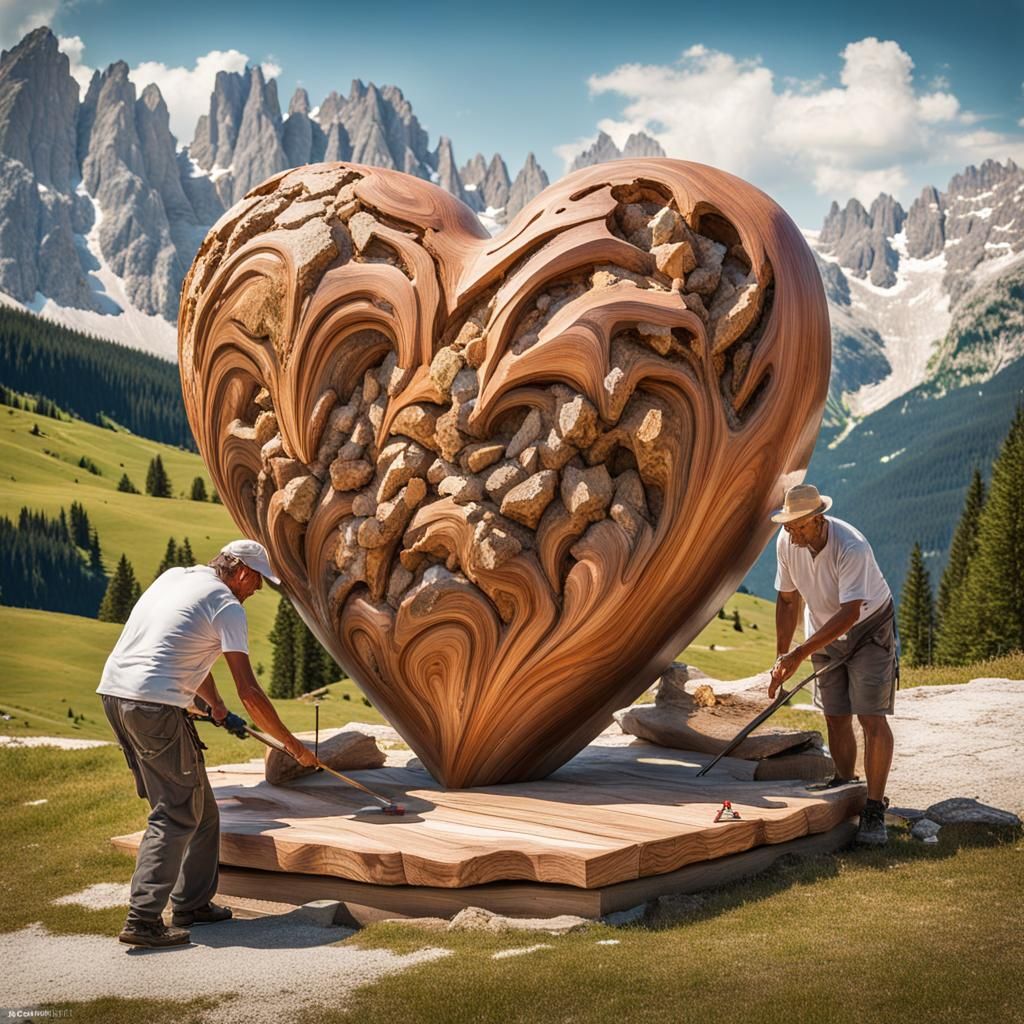Woodcarving Heart Sculpture in Alpine Landscape