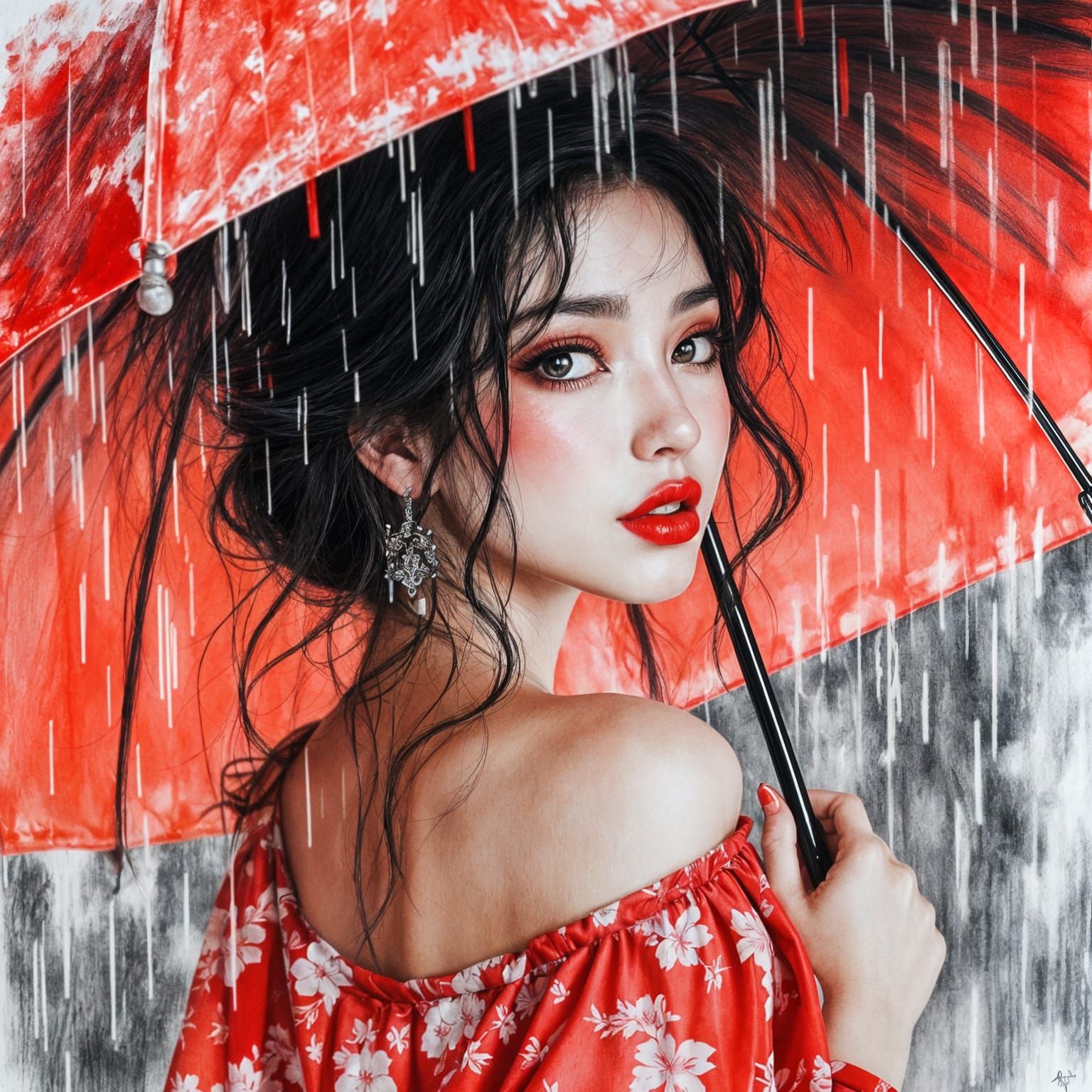 Oriental Beauty Under Rainy Umbrella