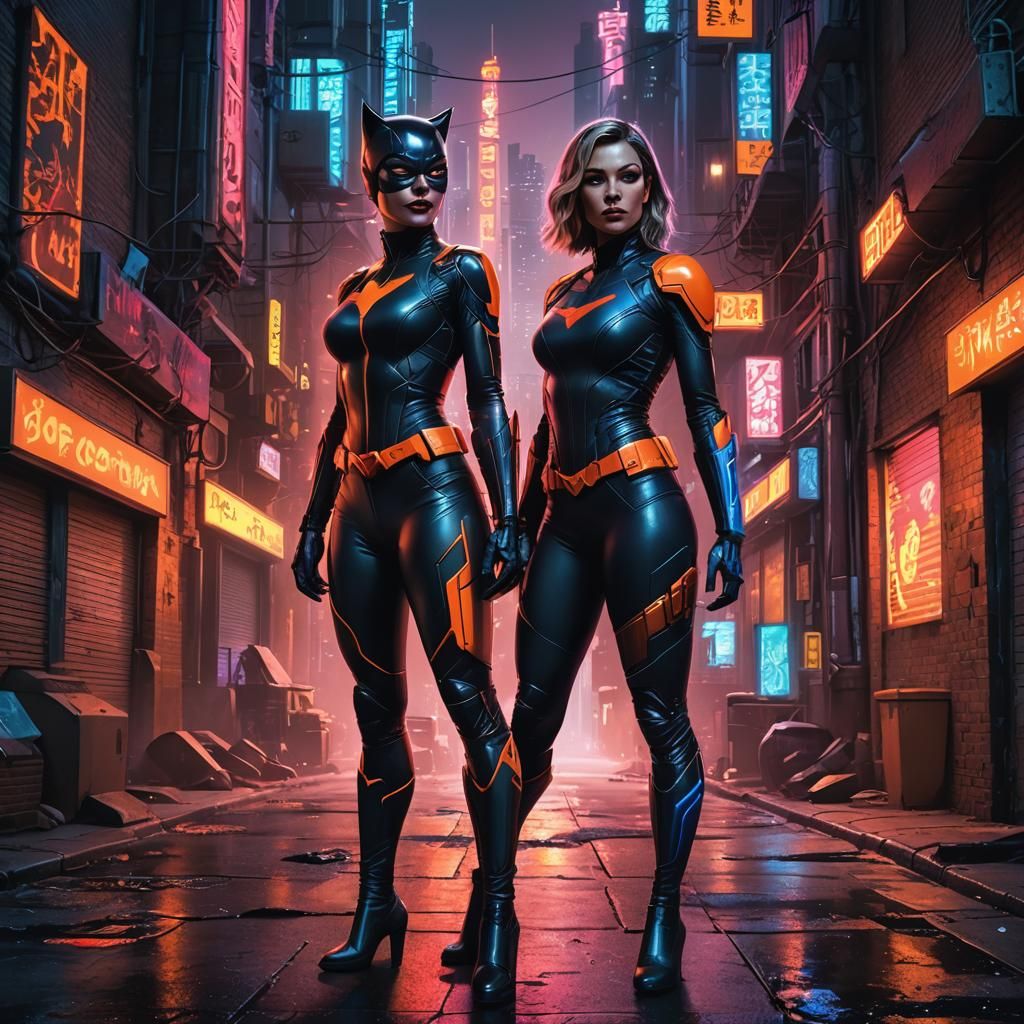 Cyberpunk Catwoman and Supergirl in Neon Cityscape