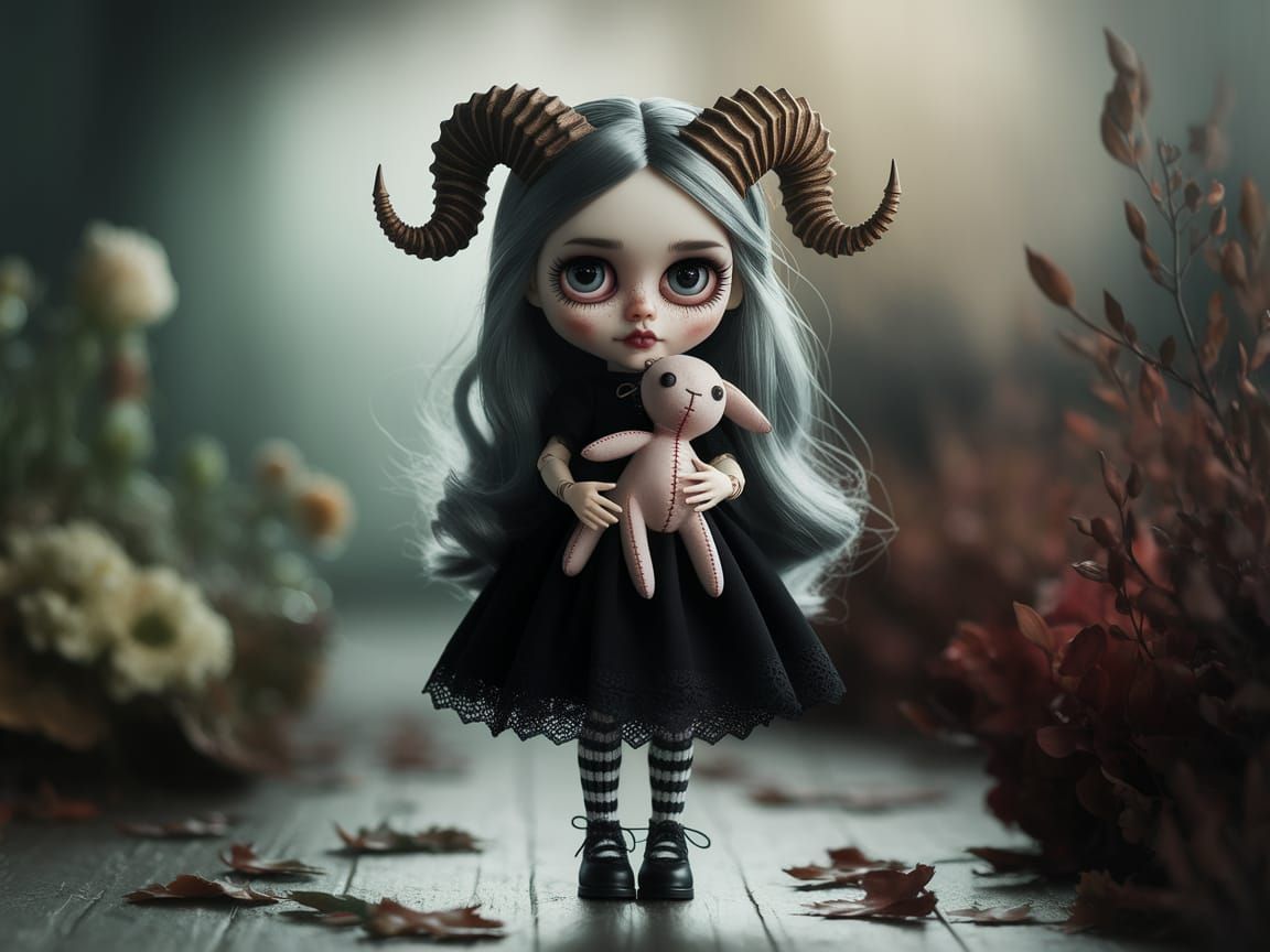Gothic Doll with Stitched Toy in Ethereal Setting