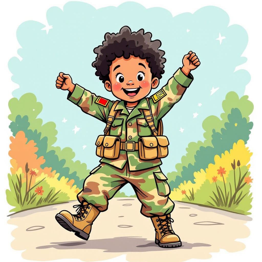 Joyful Child Soldier in Watercolor Style