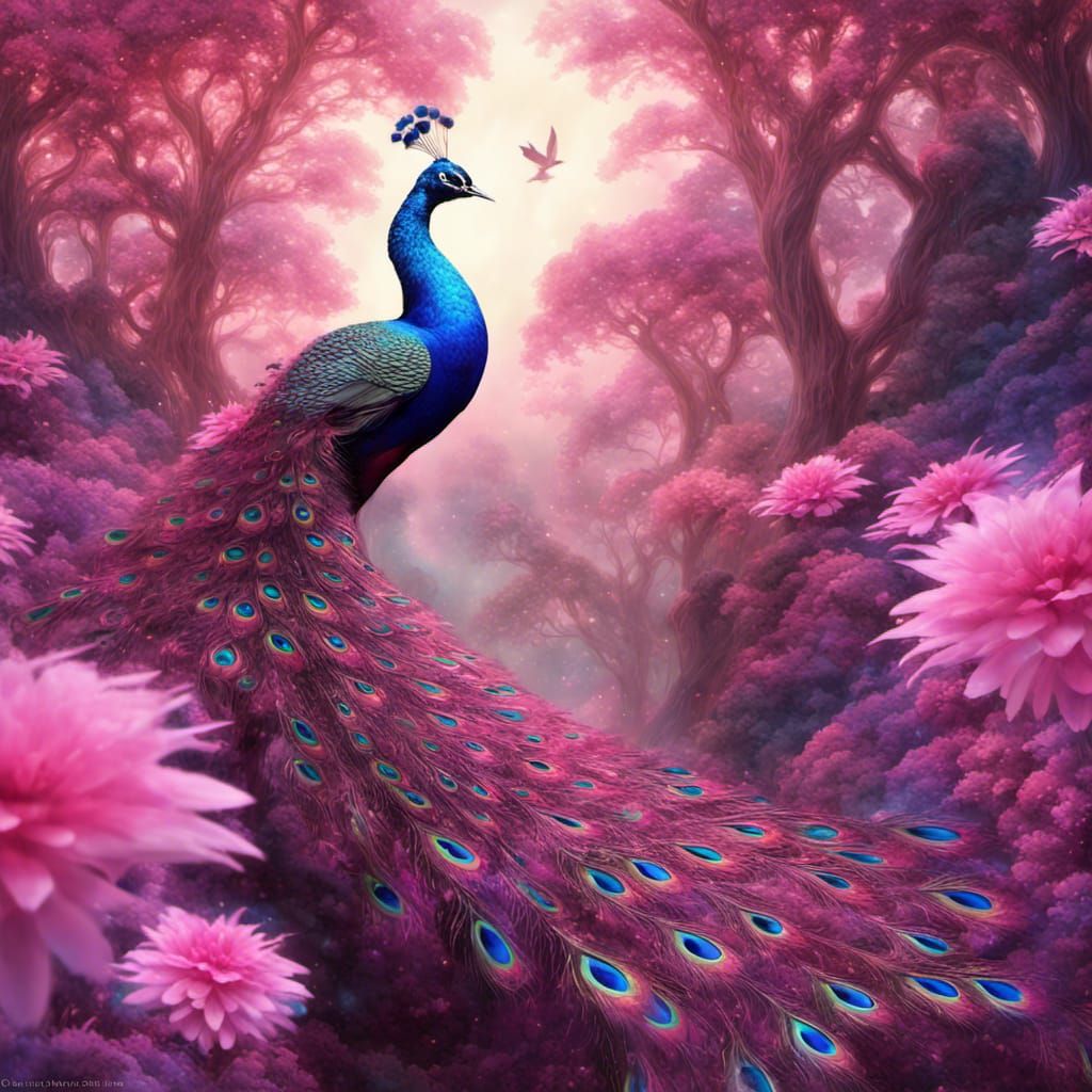 Peacock with Fractal Flowers in a Futuristic City
