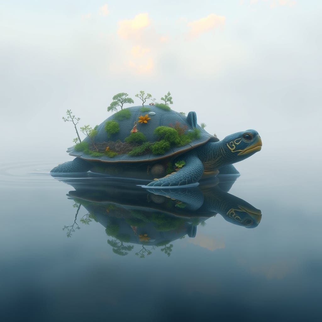 Enchanted Turtle Island Drifts Through a Misty Lagoon in Dre...