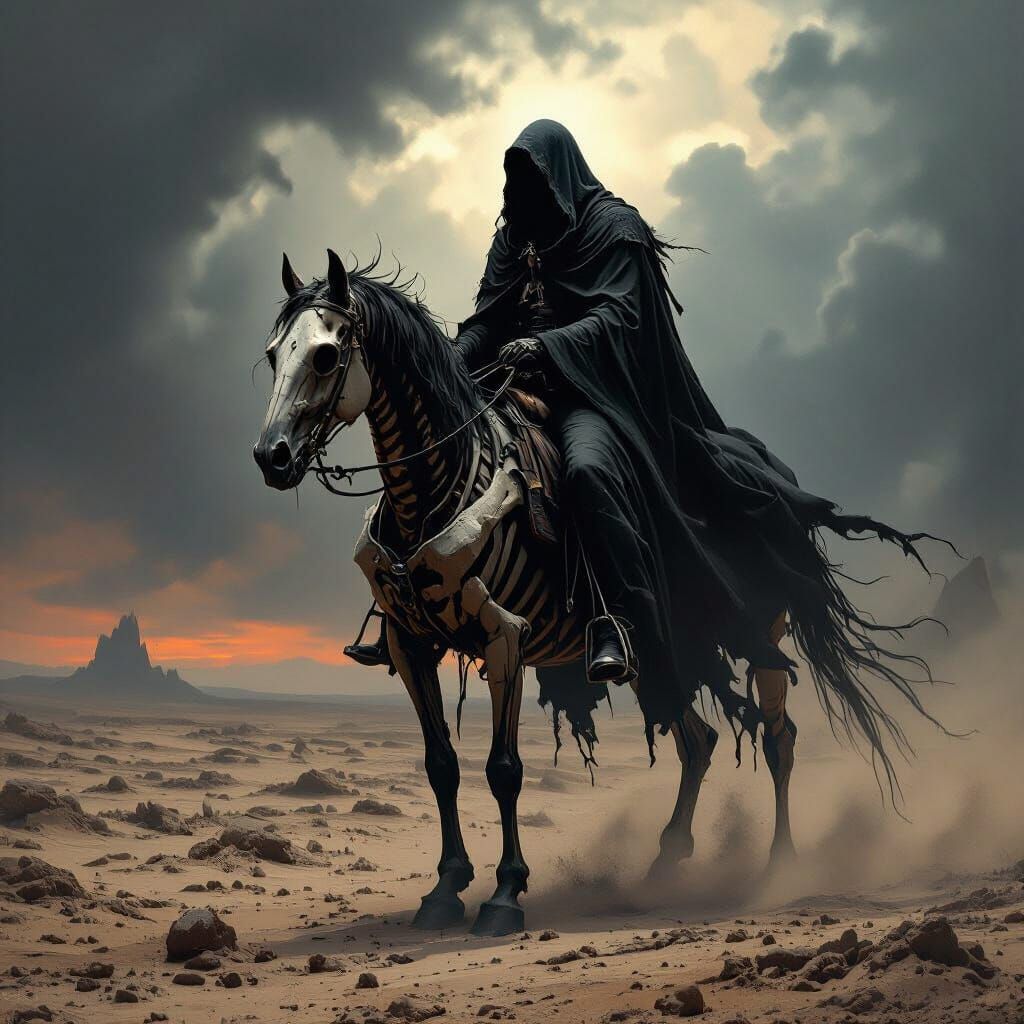 Cloaked Rider on Skeletal Steed in Dark Fantasy Style