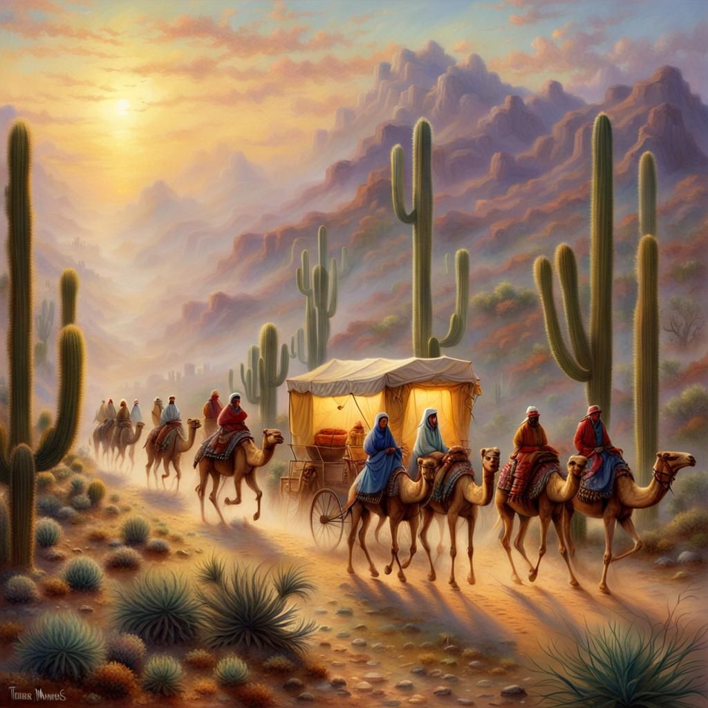 Camel Caravan in Cactus Desert: Ethereal Fantasy