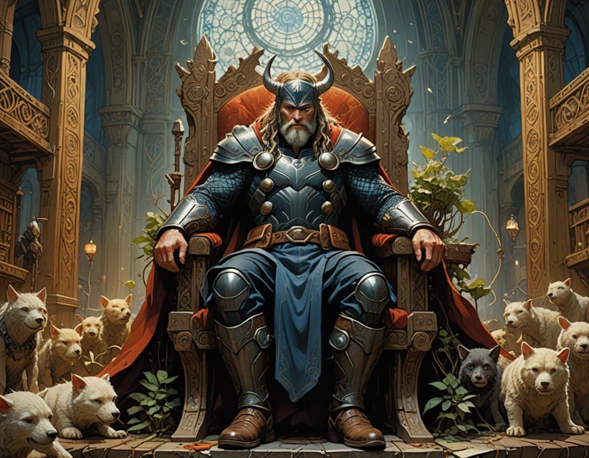 Thor Sits Regally in a Grand Hall