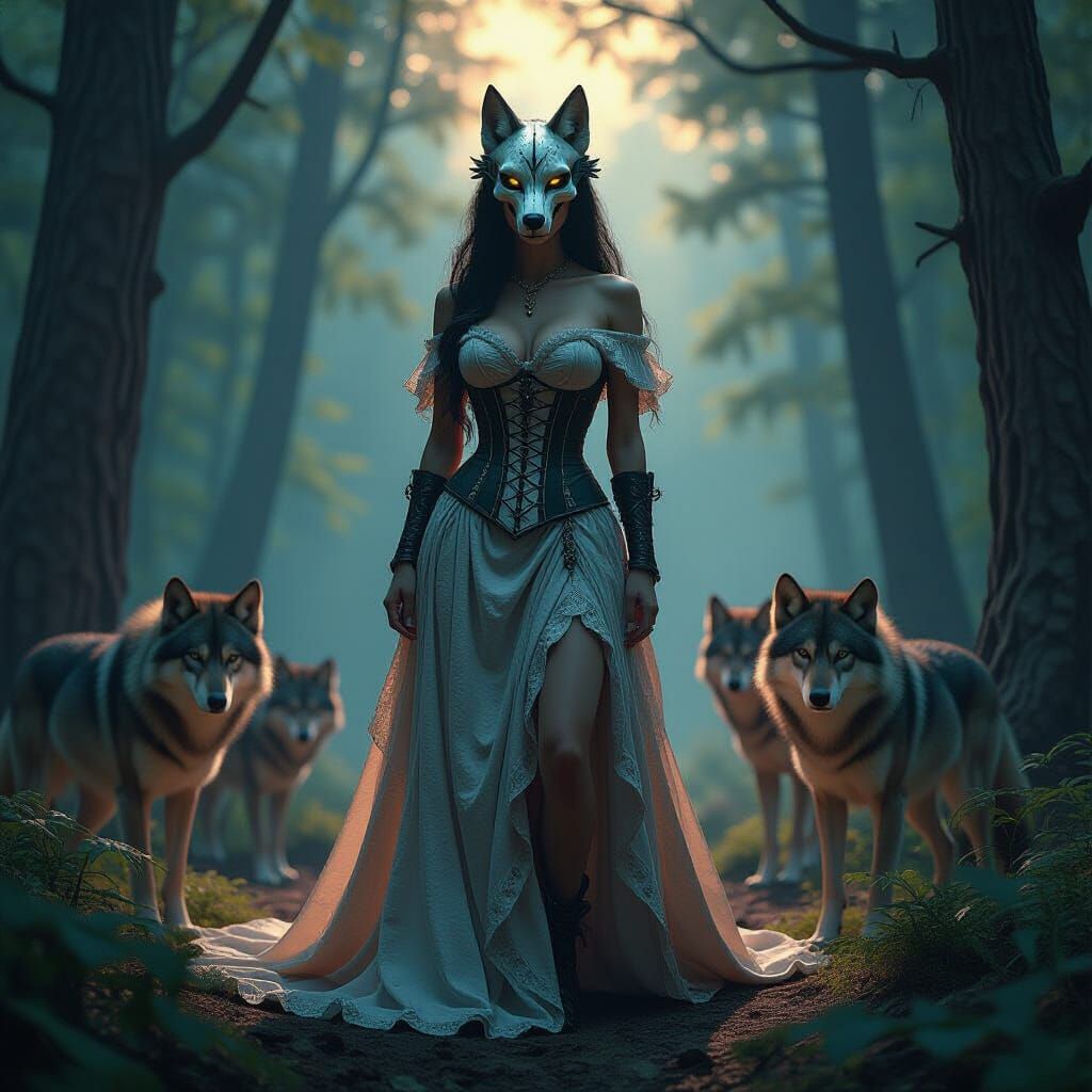 Woman in Wolf Skull Headdress in Dark Forest