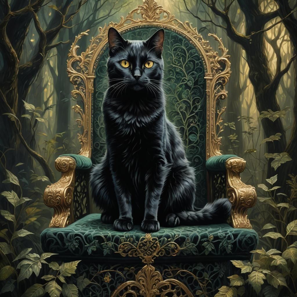 Lace-Covered Black Cat on Velvet Throne