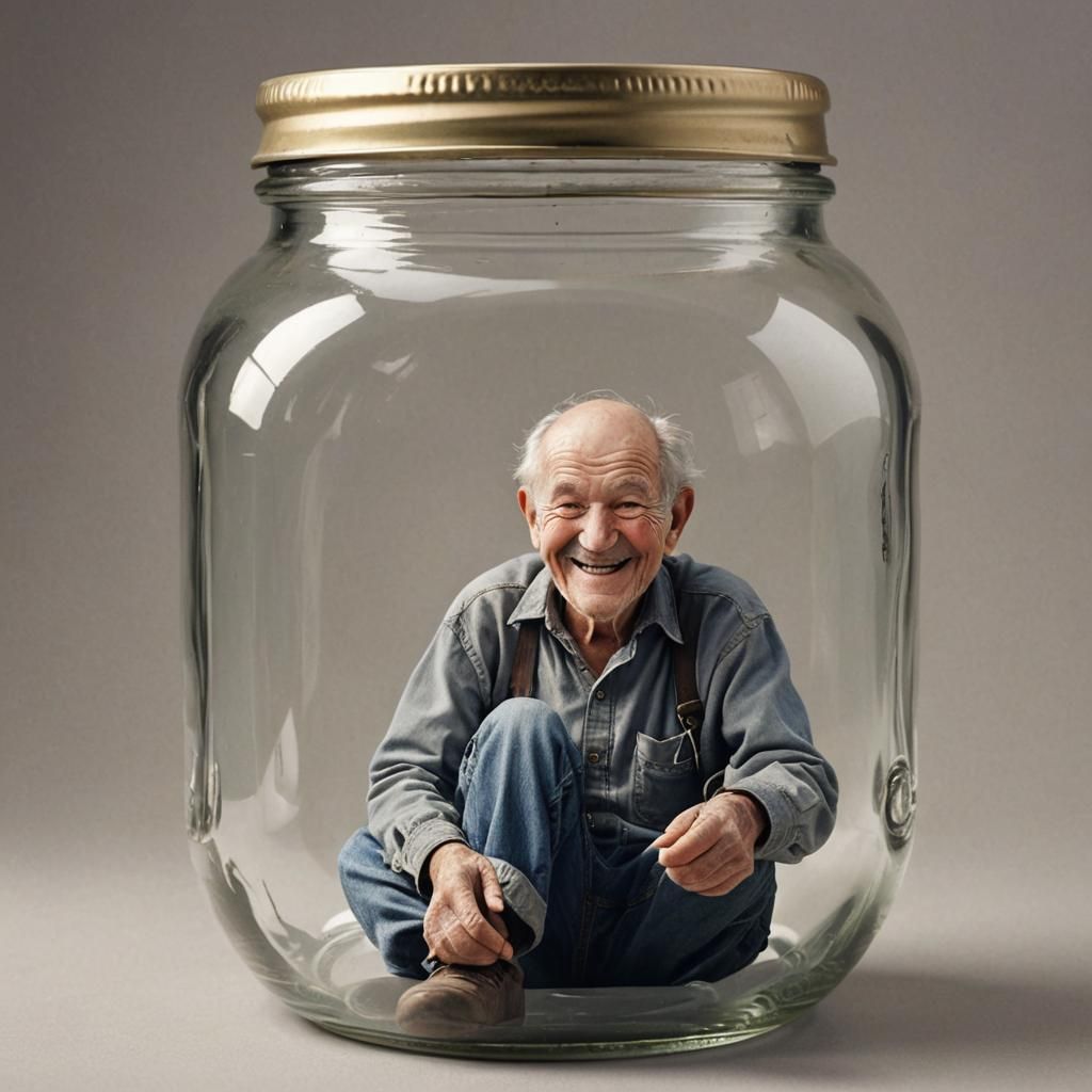 Old Man Smiling Inside Closed Jar: Photorealistic Image