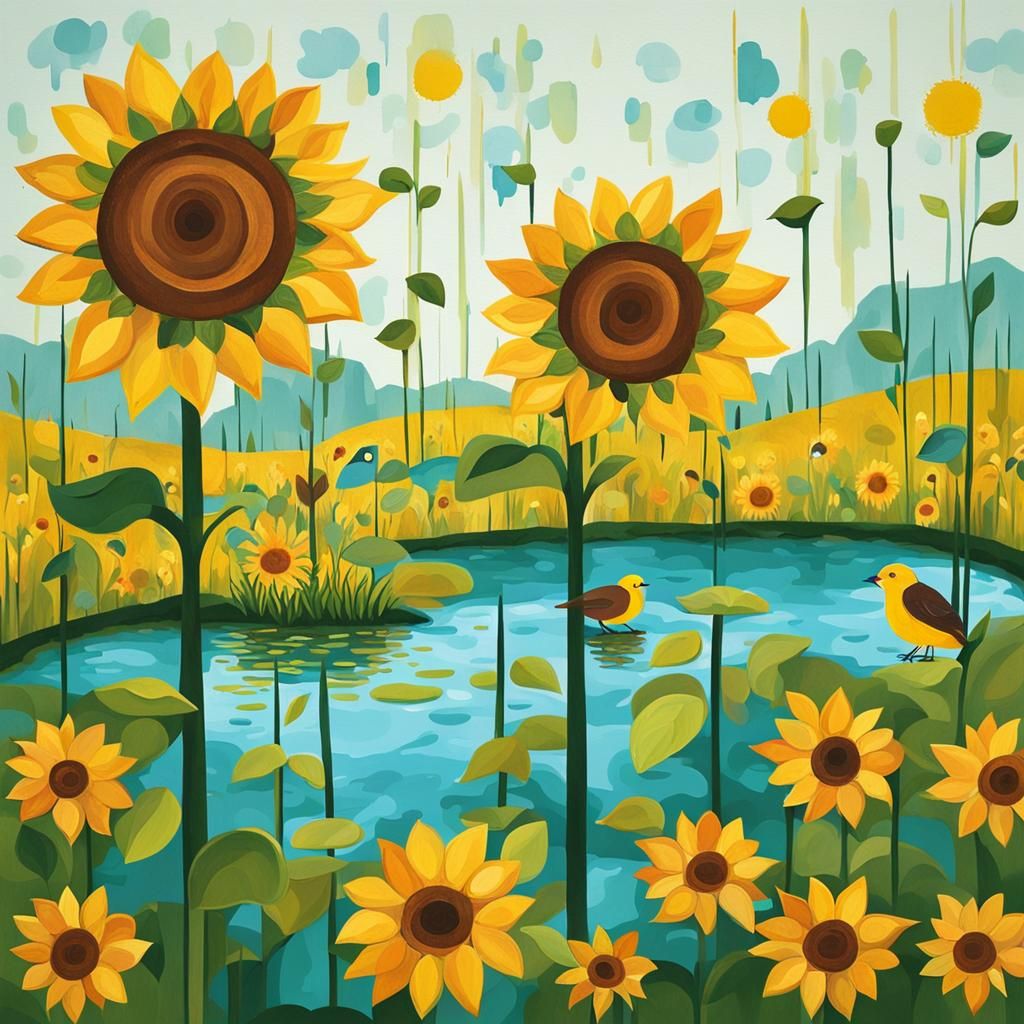 Sunflower Animals Gazing at Pond: Abstract Art