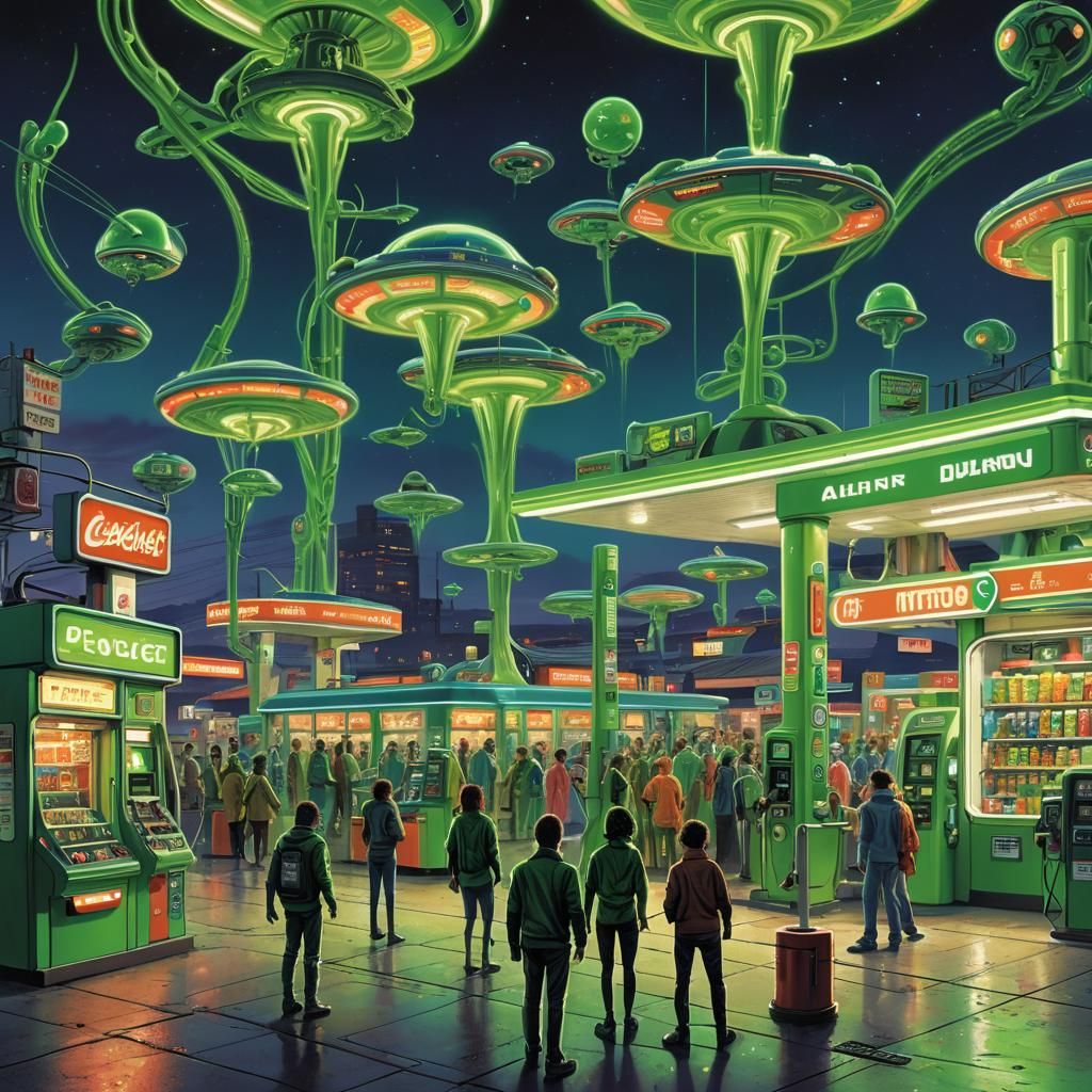 Retro-Futuristic Alien Gas Station Magazine Cover