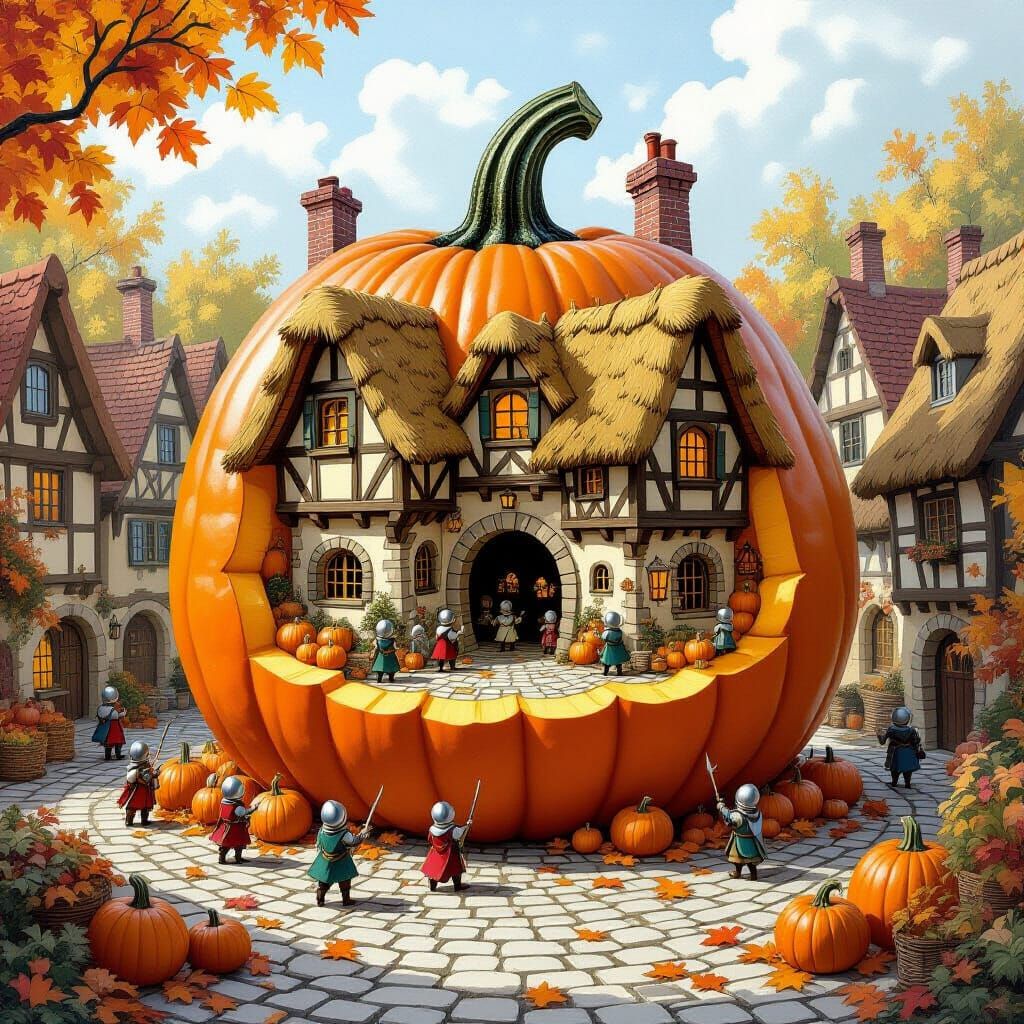 Medieval Village Inside Giant Pumpkin Storybook Illustration