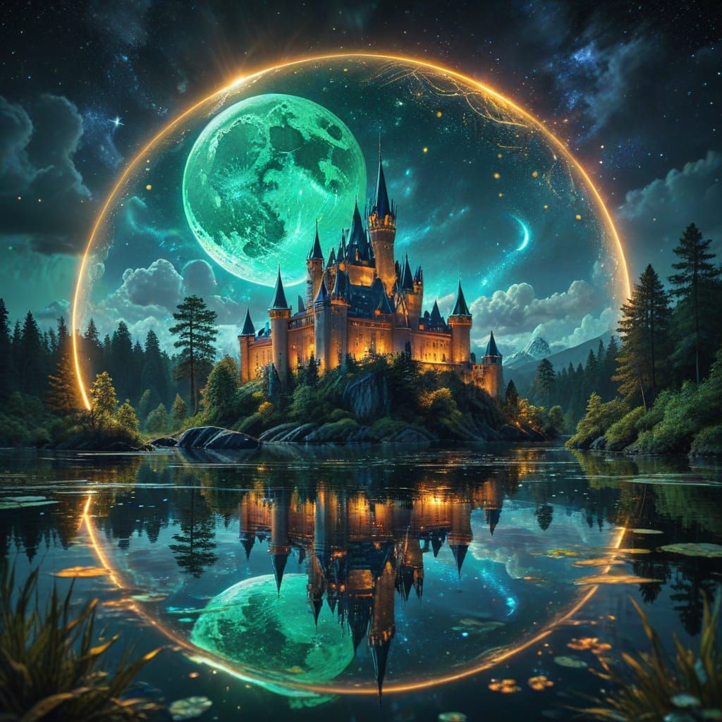 Floating Crystal Castle Under Full Moon