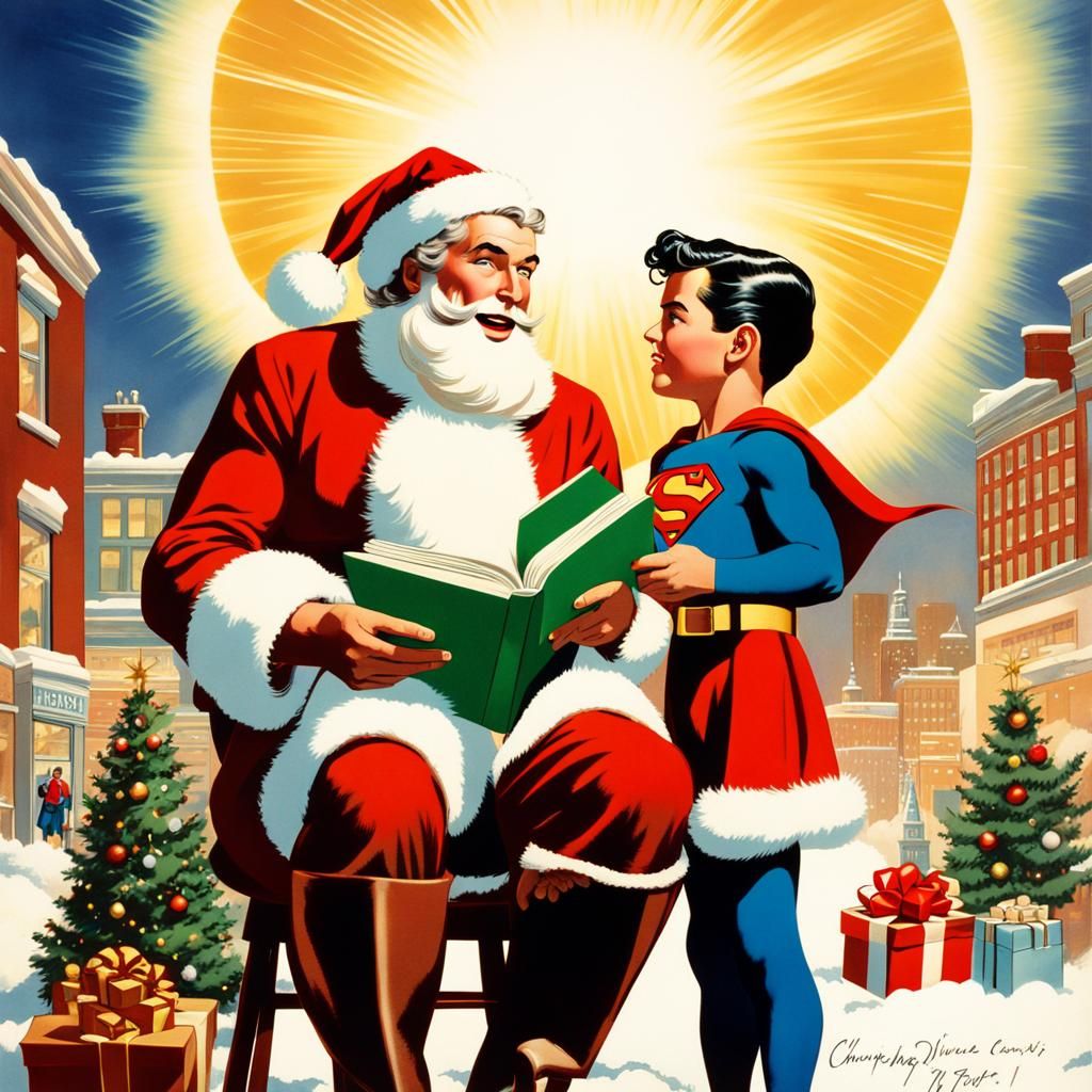 Little Superman telling Santa Clause what he wants for Christmas.
