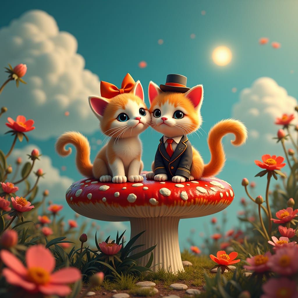 Kitten Lucy and Desi on Toadstool Throne, Fantasy Art
