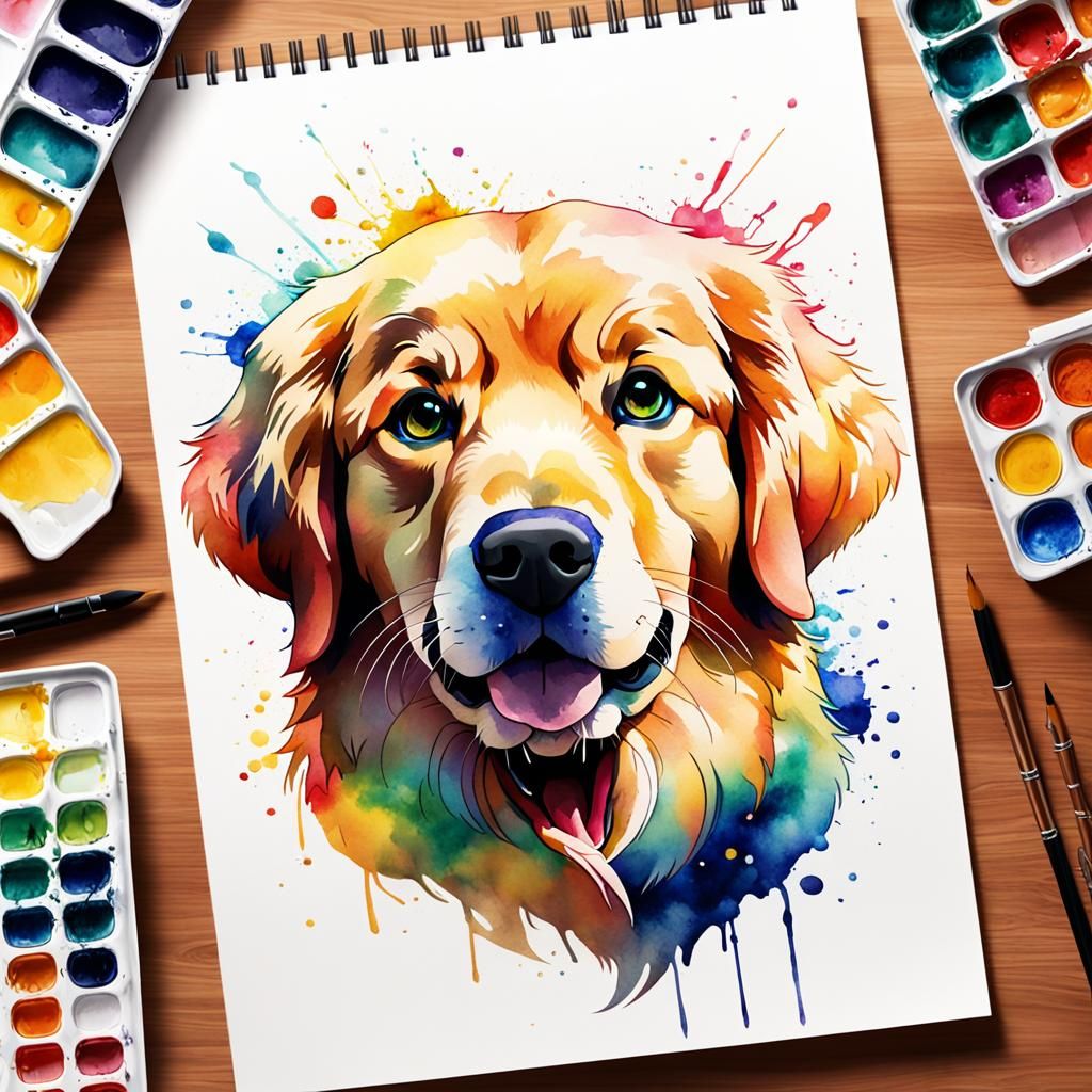 Golden Retriever Logo in Watercolor Anime Style