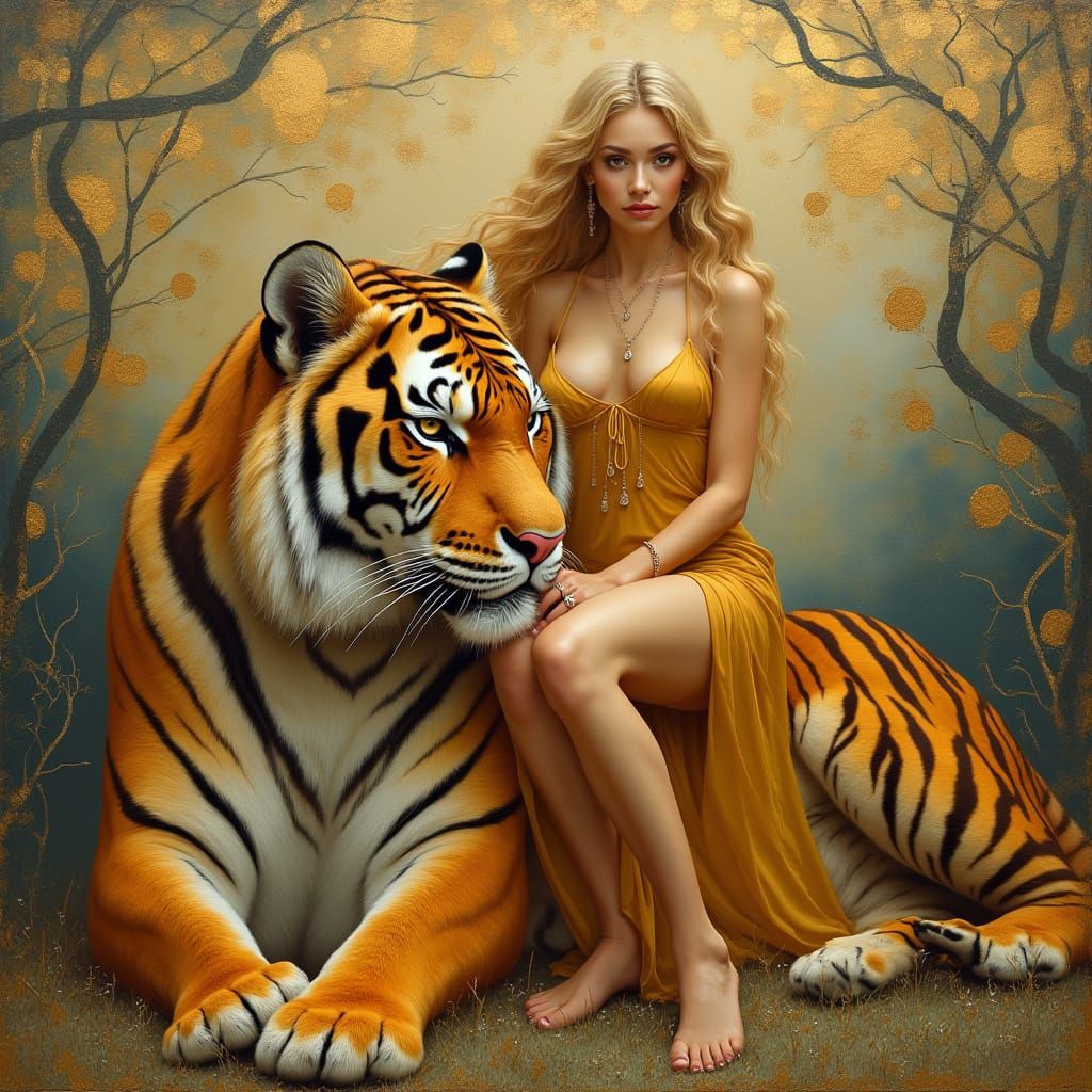Surreal Golden Goddess Rides Tiger in Dreamlike Landscape