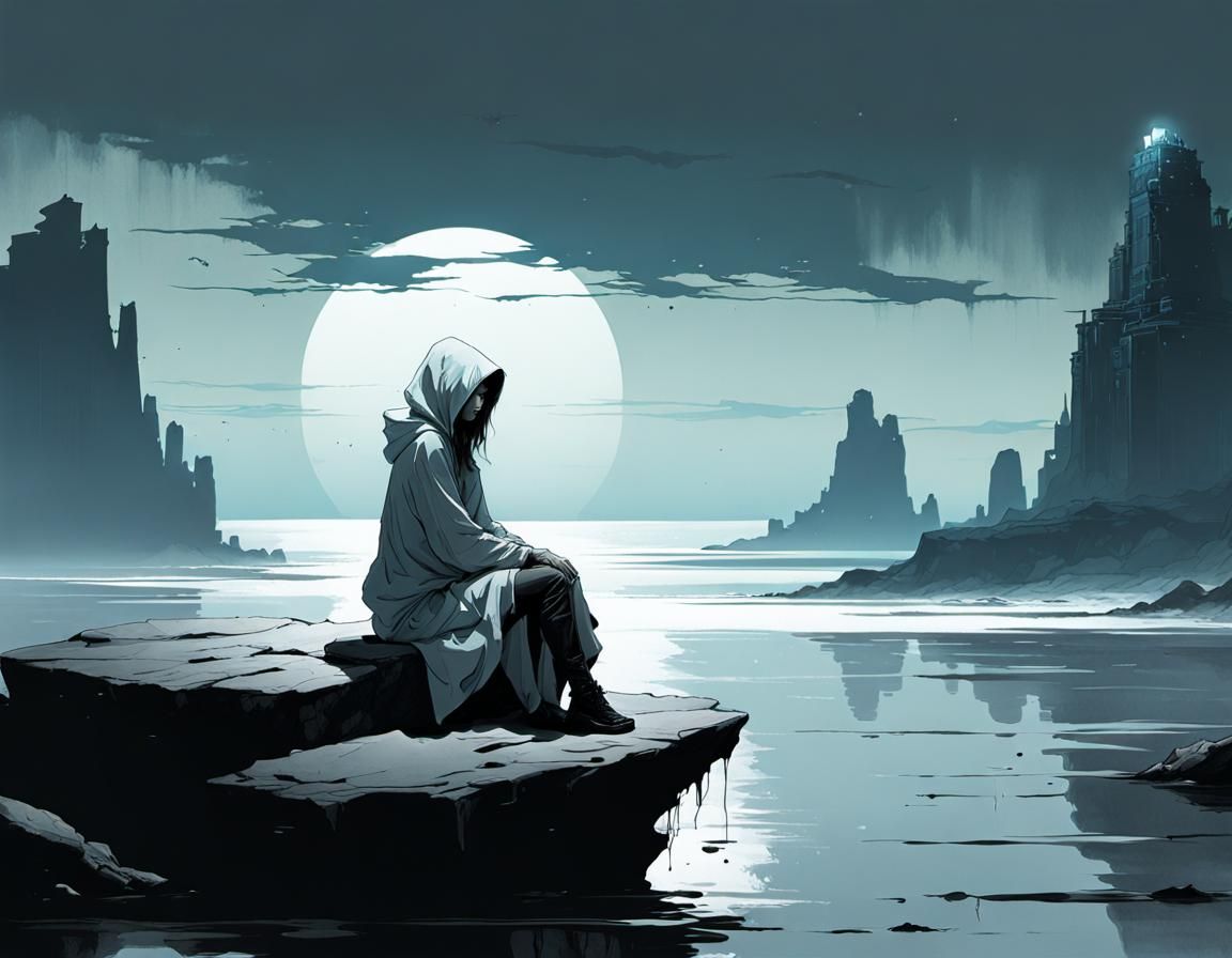 Ghost Girl on Haunted Rock: Digital Illustration