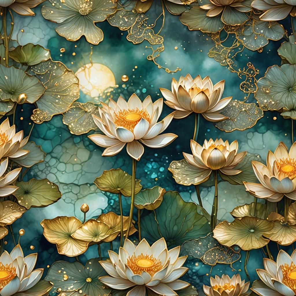 Shimmering Gold Lotus Flowers in Alcohol Ink