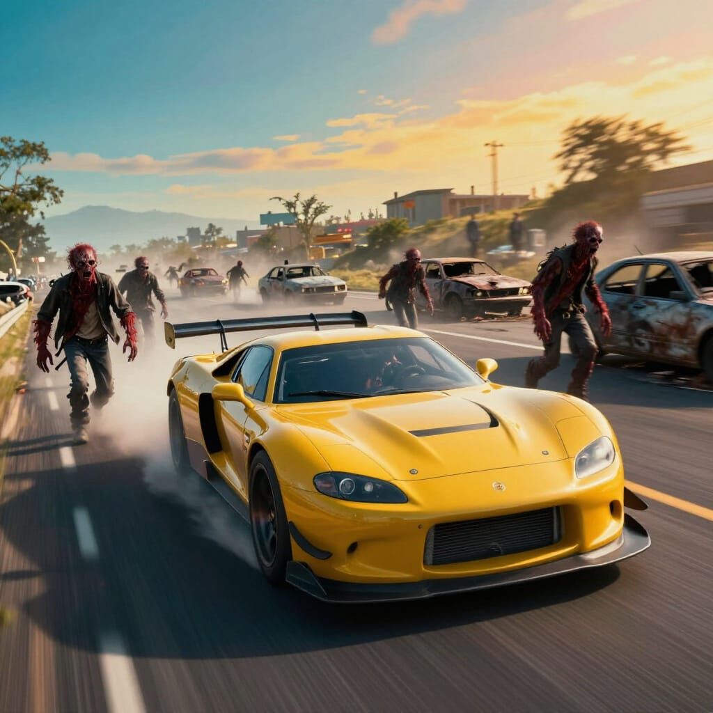 Race Car Evades Zombies on Highway in Cinematic Style