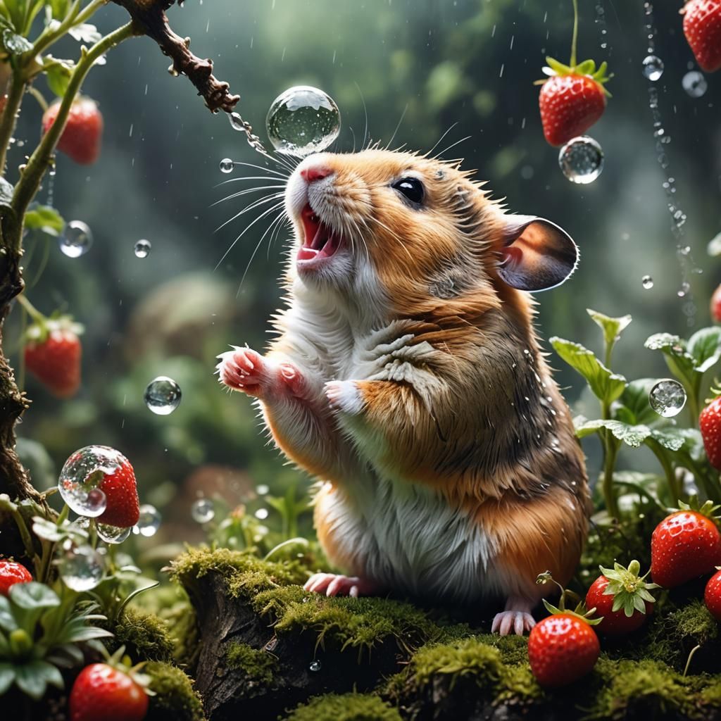 A hamster trying to bite strawberry