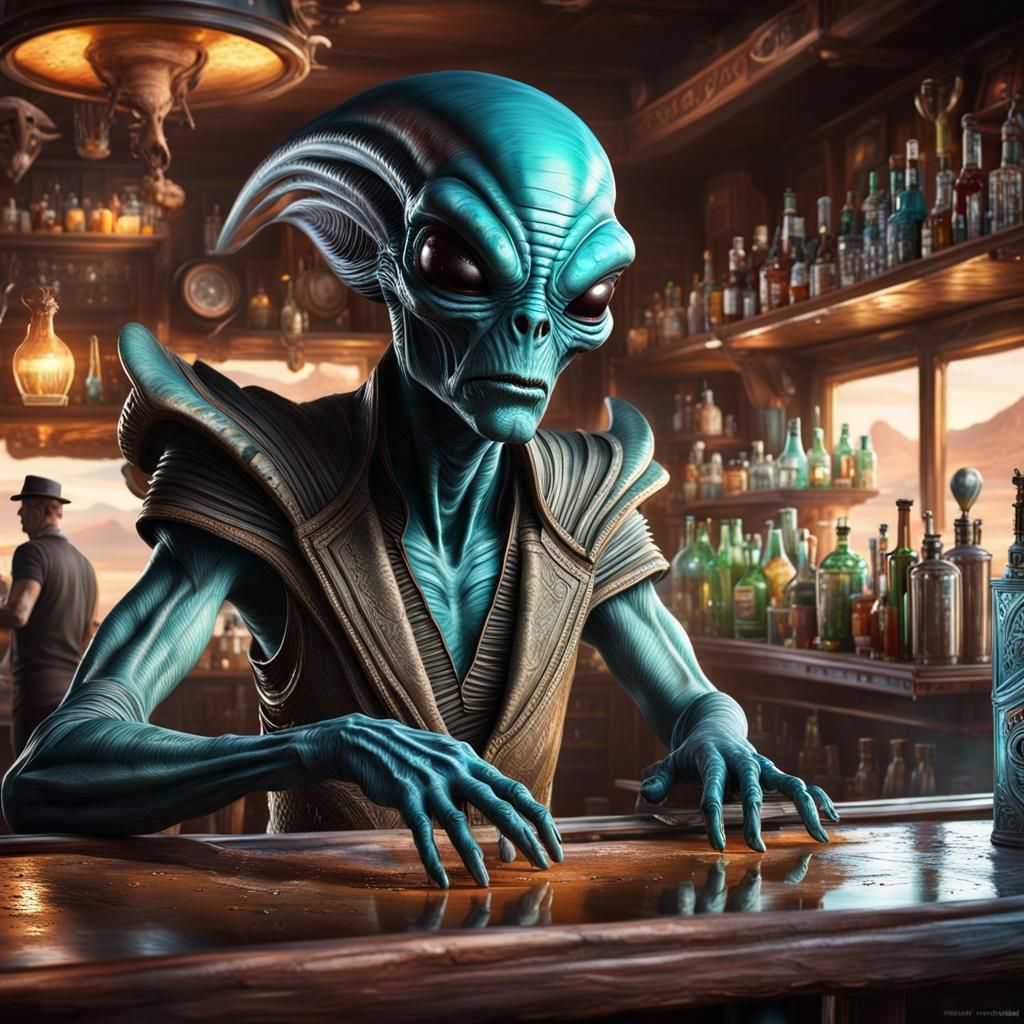 Alien Bartender in Desert Saloon: Cinematic Realism