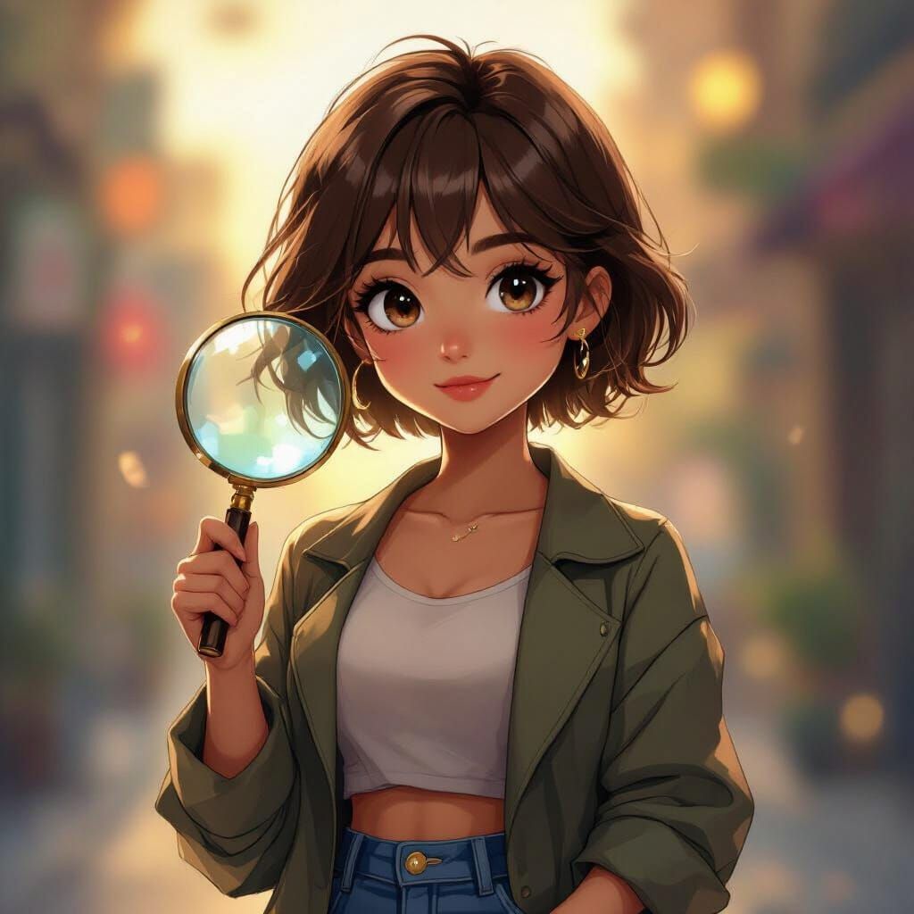 Cute Anime Detective Girl with Magnifying Glass