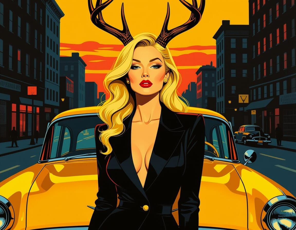 Film Noir: Woman with Antlers in Urban Sunset