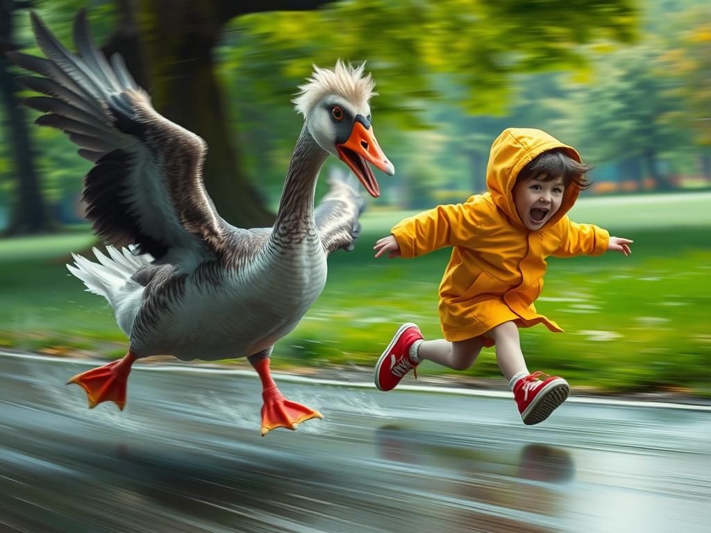 Aggressive Goose Chasing Kid in Park, Concept Art