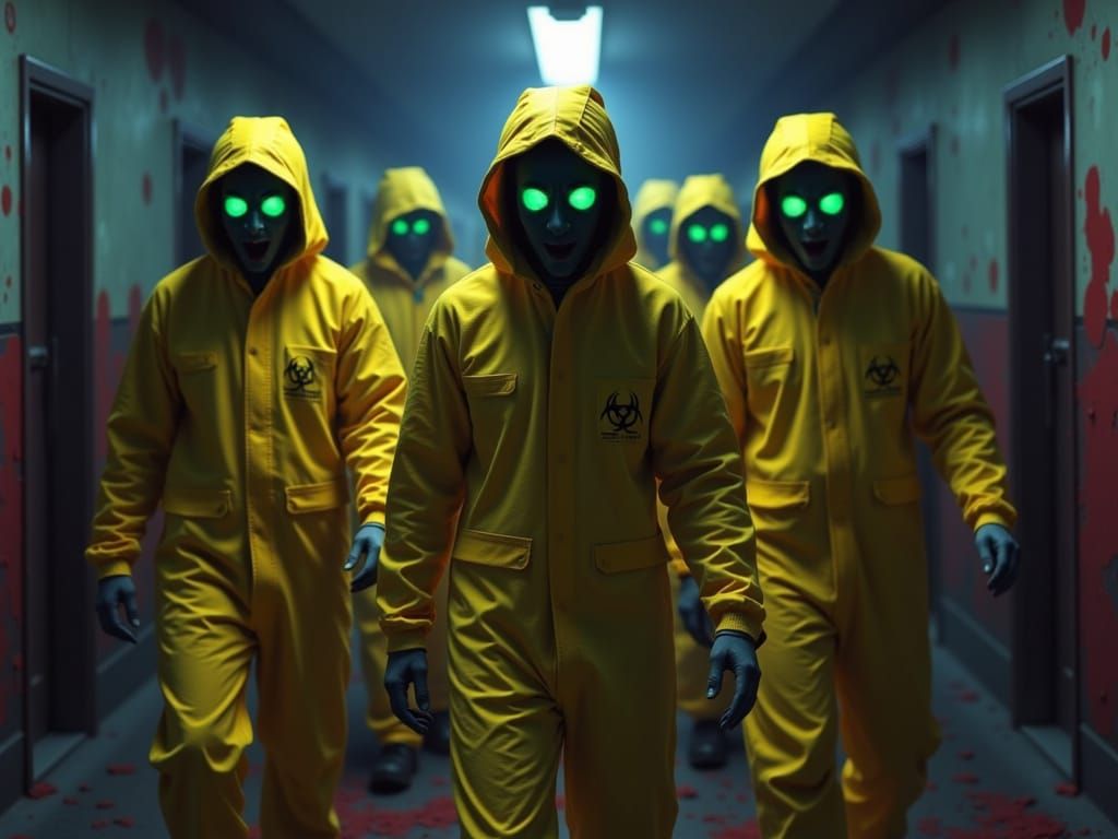 Hazmat Figures in Dystopian Zombie-Core Liminal Space