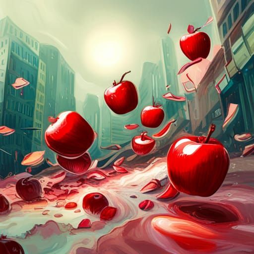 Magical Girl Surrounded by Flying Red Apples