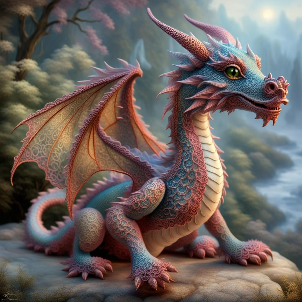 Intricate Lace Dragon Toy in Airbrush Art Style