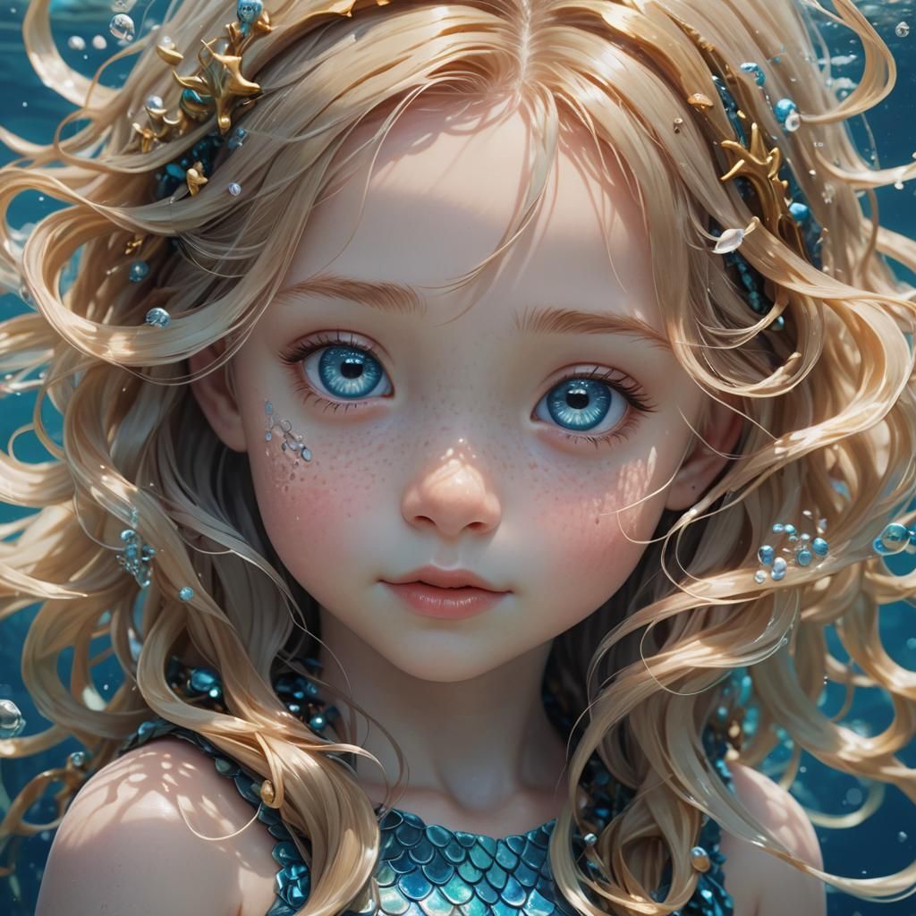 Cute Blonde Mermaid Child Portrait in 3D Anime Art