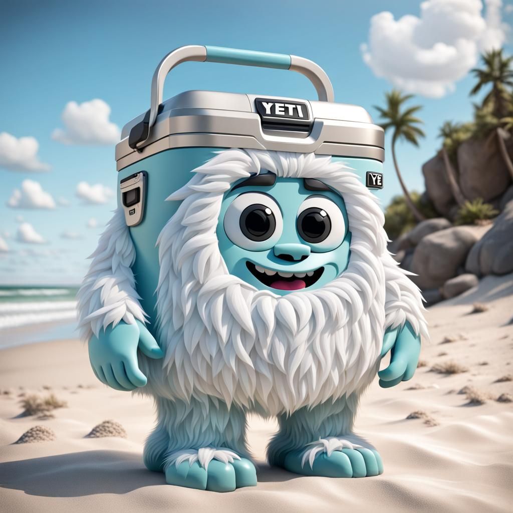 Fluffy Yeti Cooler on the Beach in 3D Animation