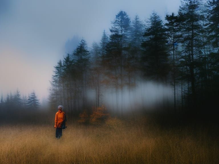 Misty Forest Figure in Impressionist Oil Painting Style