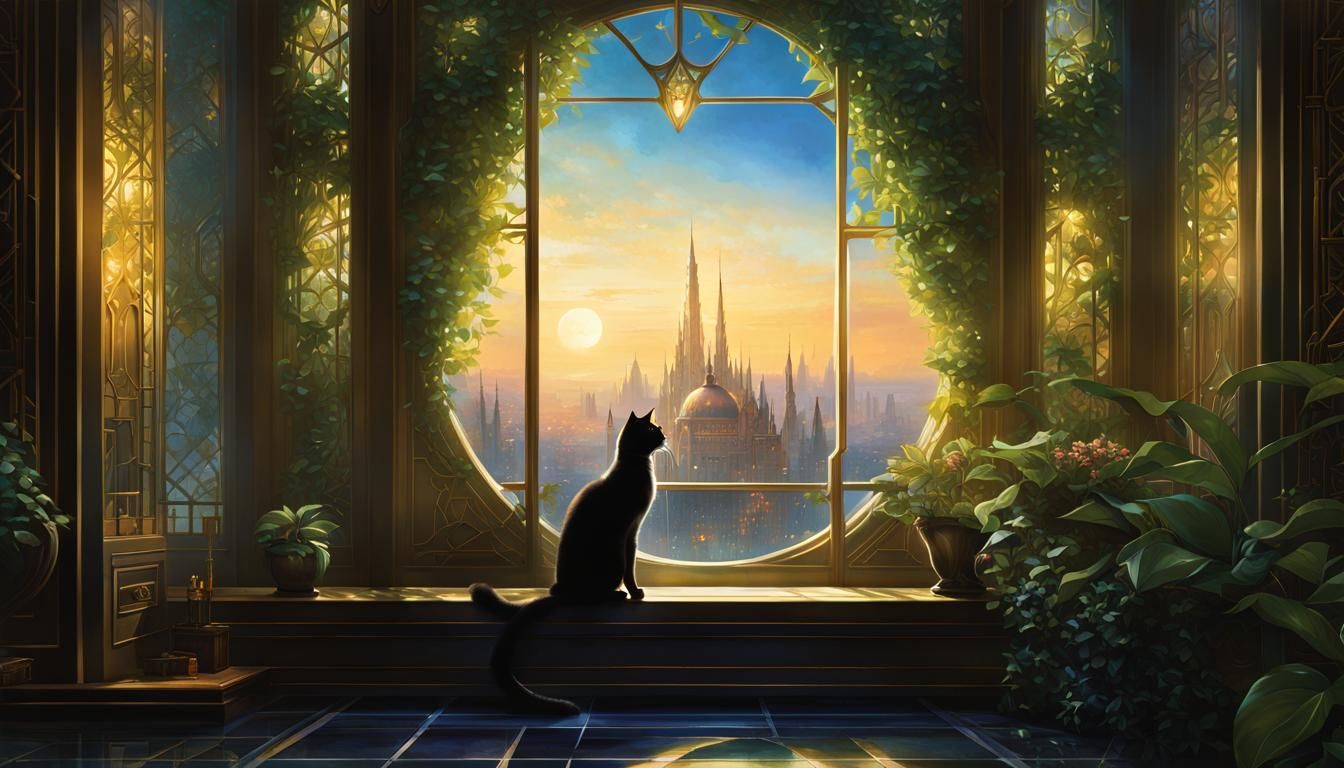 Elven Palace Overlooking Futuristic Megapolis at Night