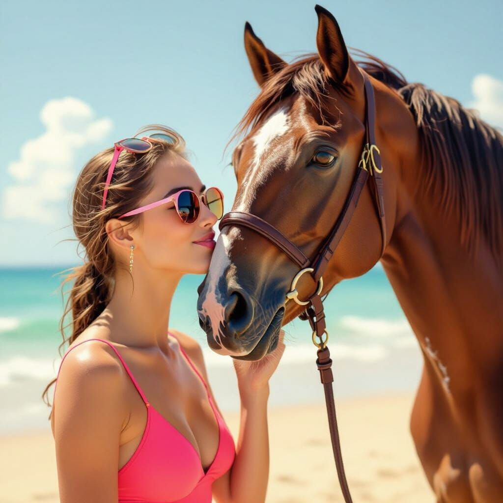 Woman Kisses Horse on Sunny Beach, Impressionist