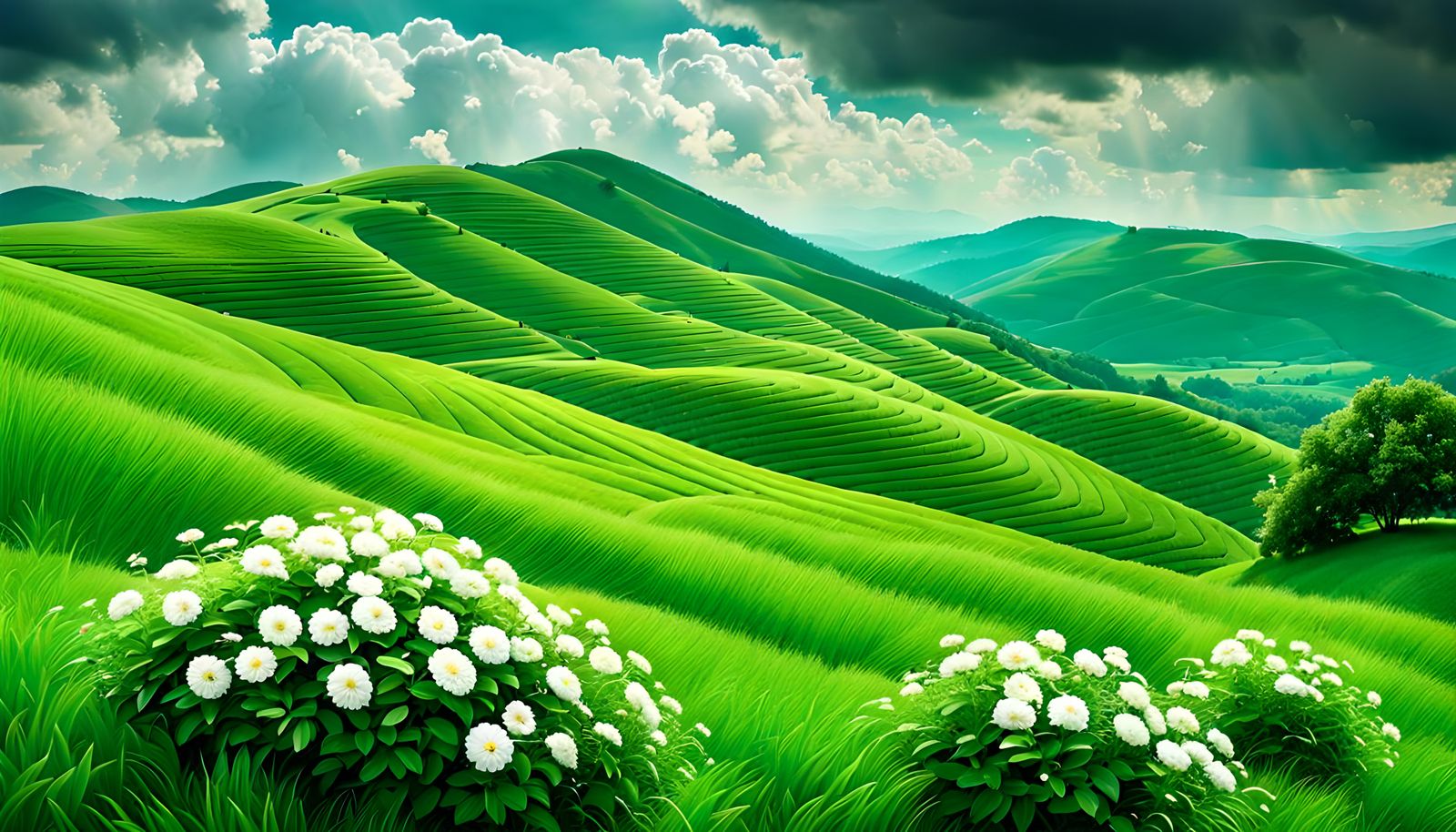Lush Green Landscape with White Flowers