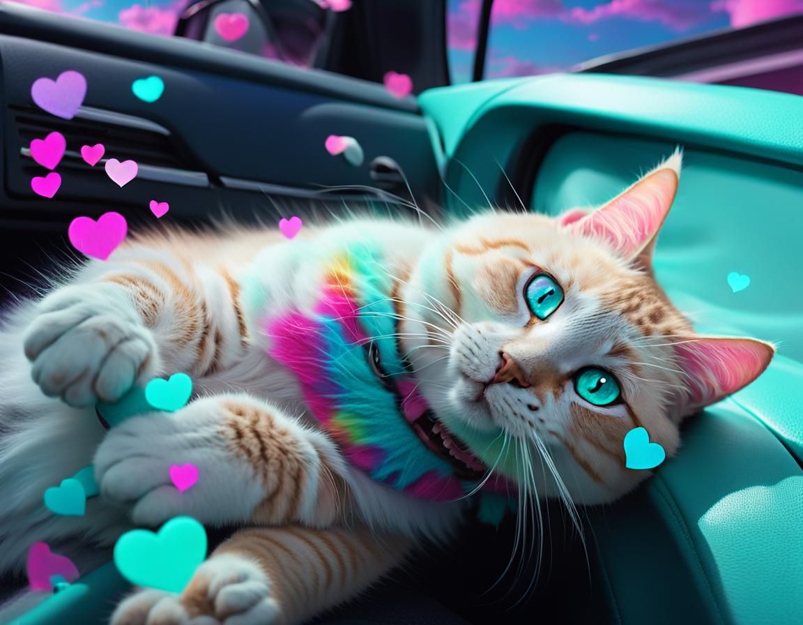 Neon-Eyed Cat in Dreamy Psychedelic Landscape