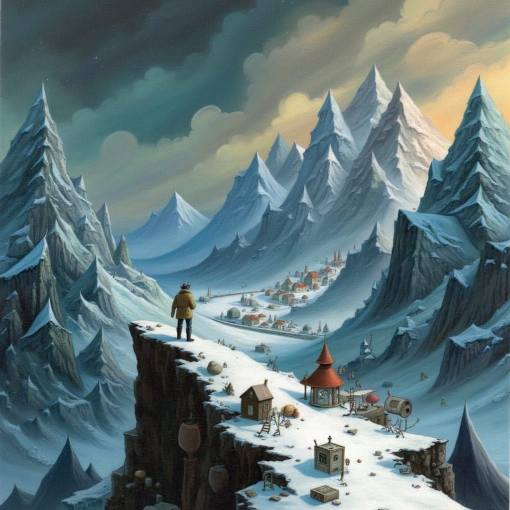 Explorer on Snowy Mountain Pass with Hidden Village