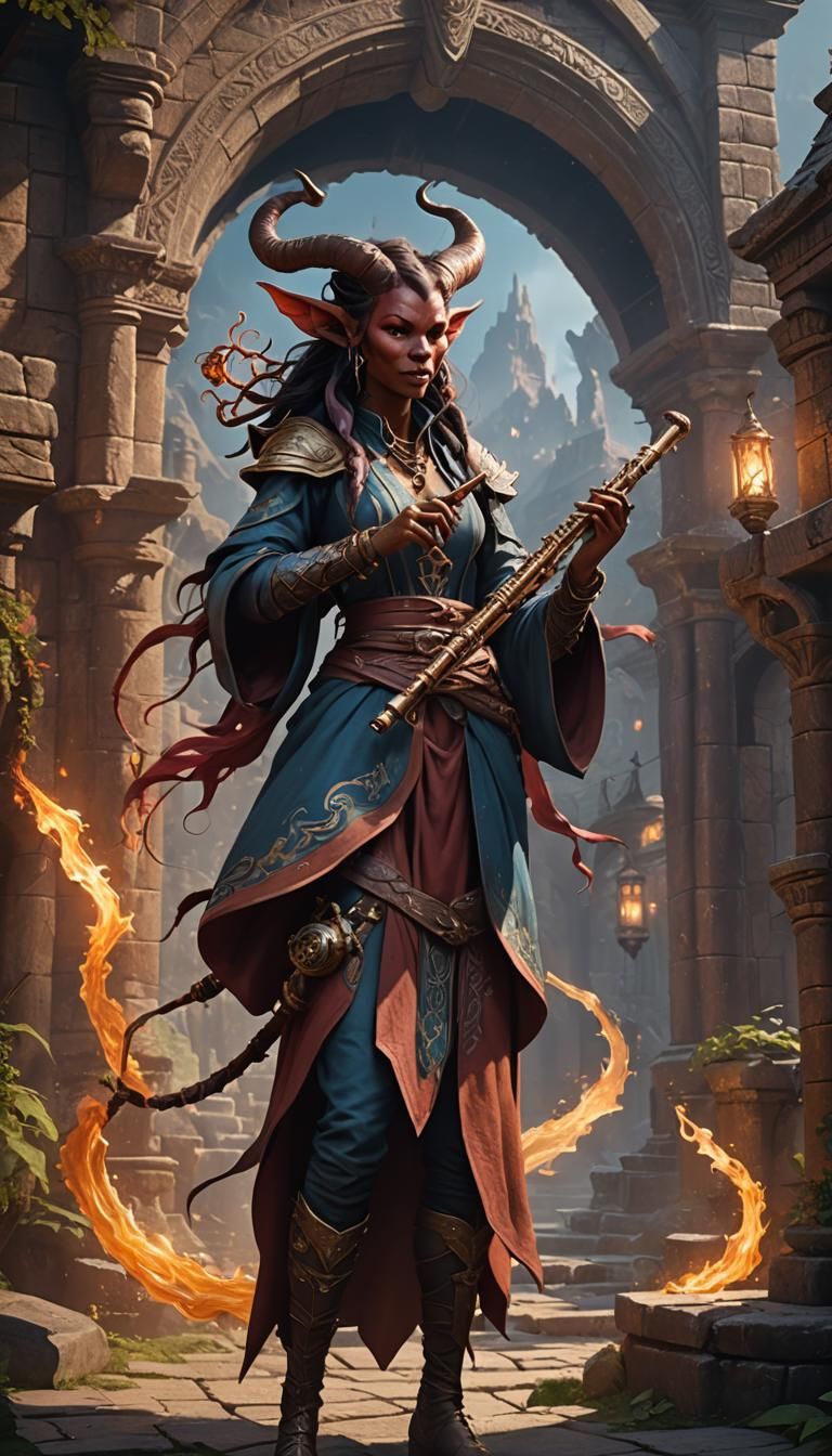 Tiefling Bard with Flute in Dungeons and Dragons
