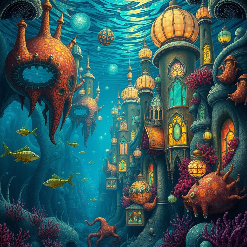 Surreal Underwater City with Bioluminescent Life