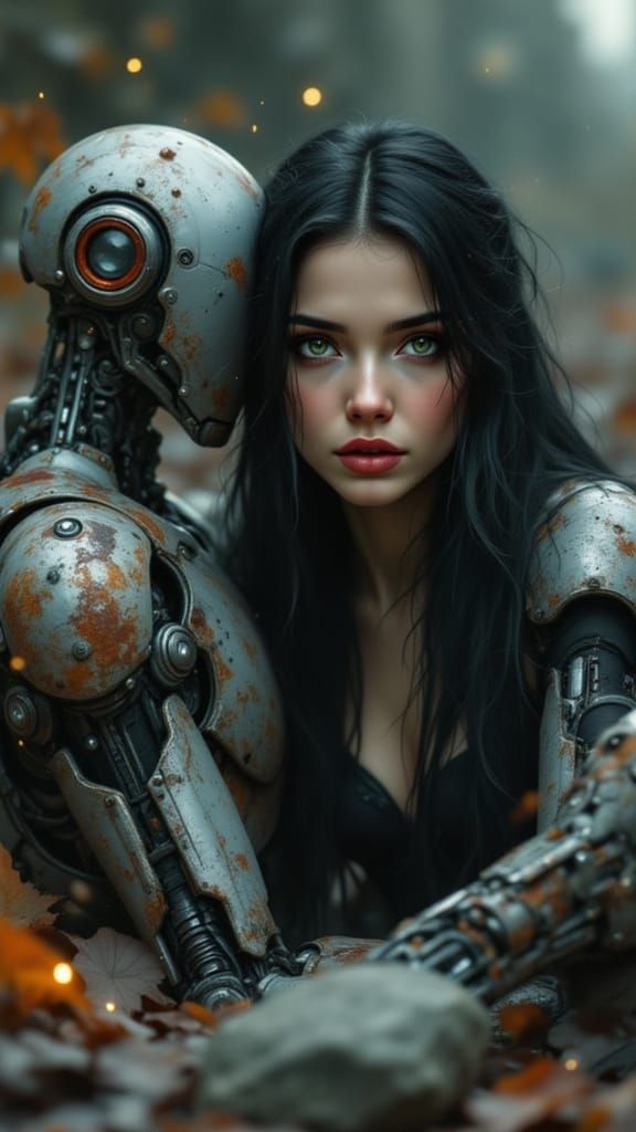 Sad Woman with Cybernetic Implant in Dystopian Scrapyard