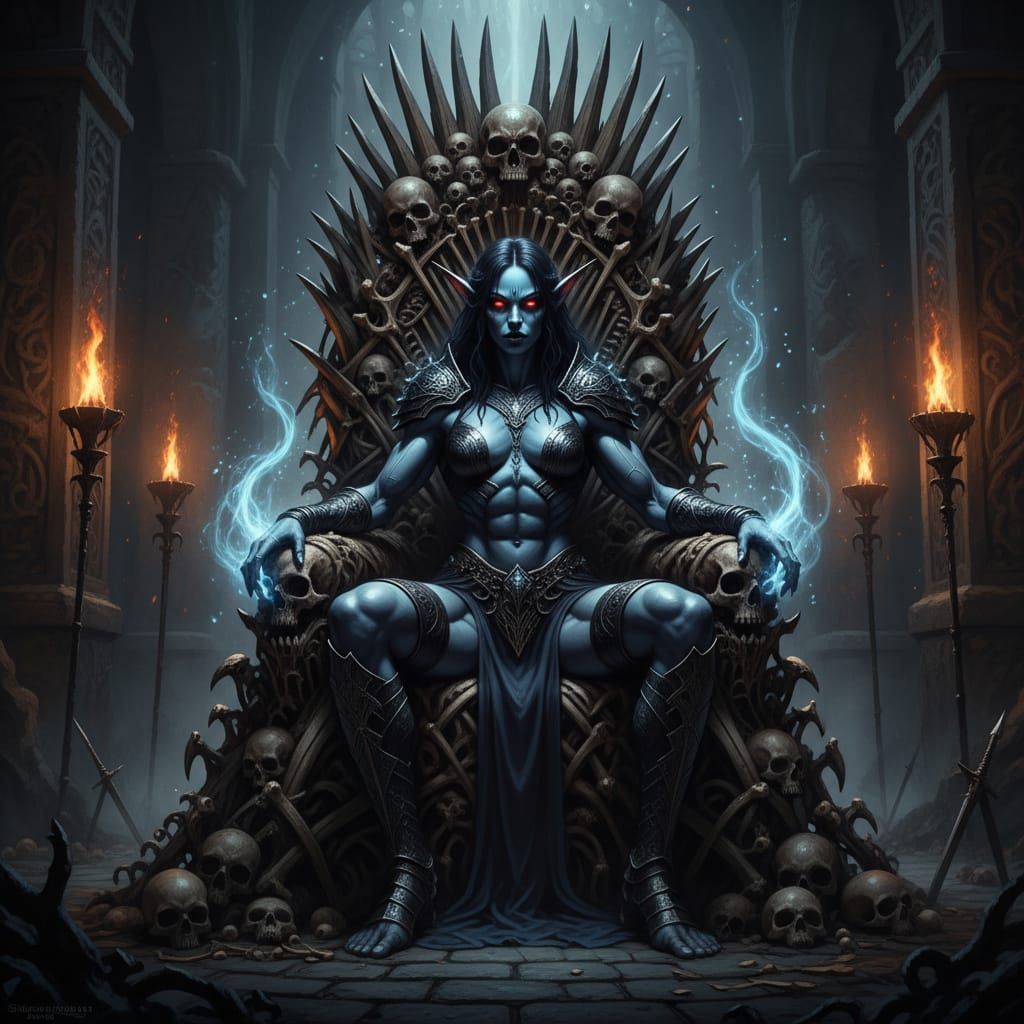 Drow Queen on Skull Throne: Dark Fantasy Art
