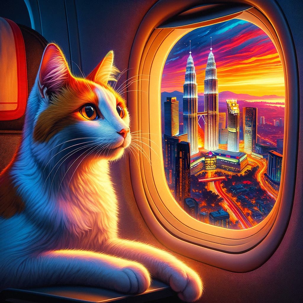 White Cat Gazing at Kuala Lumpur's Petronas Twin Towers
