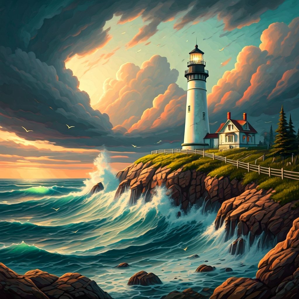 Lighthouse in Storm, Luminist Landscape Painting