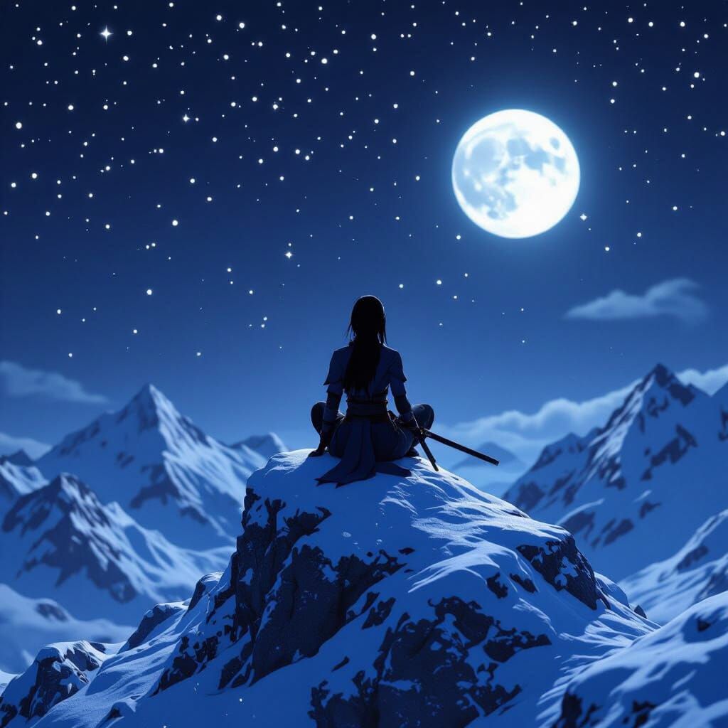 Female Ninja Warrior on Icy Mountain Under Starry Sky